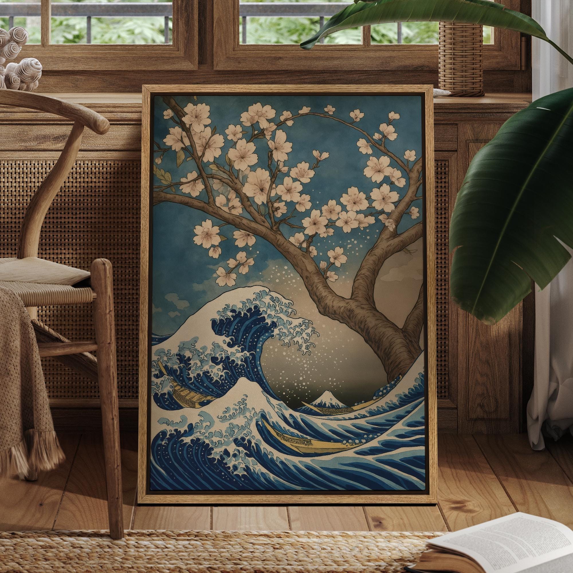 Japanese Wave & Sakura Wall Art - Framed Ukiyo-e Style Canvas
