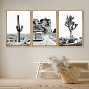 Framed Canvas Print Wall Art Set of 3 Black and White Cactus Southwest Desert Landscape Photography Minimalist Modern Art Western Decor
