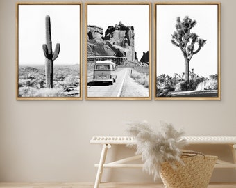 Framed Canvas Print Wall Art Set of 3 Black and White Cactus Southwest Desert Landscape Photography Minimalist Modern Art Western Decor