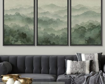 Zen Mountain Triptych - Set of 3 Framed Misty Forest Canvas Prints