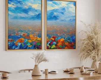 DustinWay Framed Canvas Print Wall Art Set of 2 Colorful Abstract Landscape Modern Art Minimalist Decor