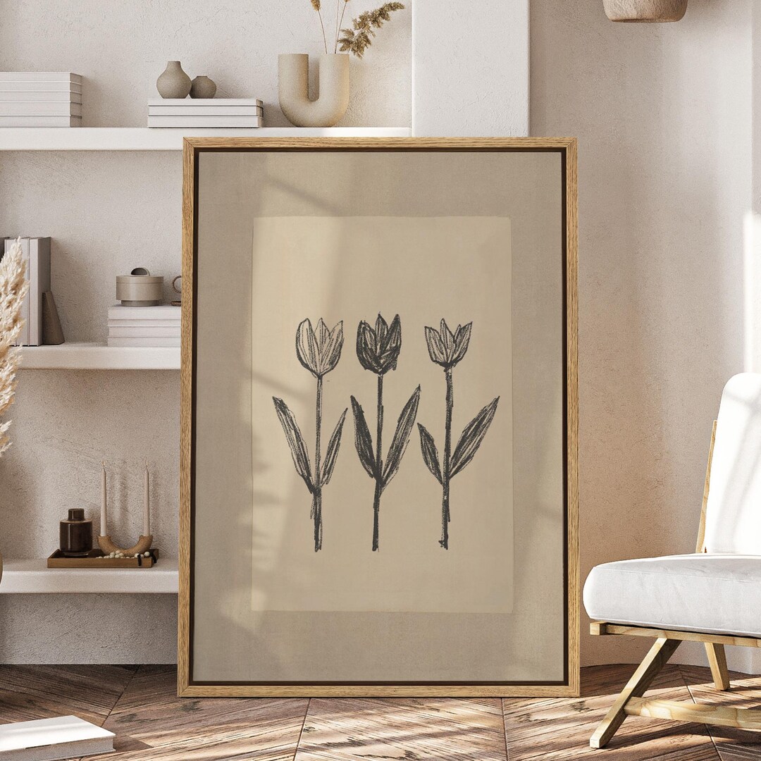 Tulip Sketch Wall Art - Framed Black & Beige Botanical Canvas Print ...