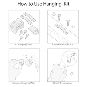 Puede incluir: Una ilustraci&oacute;n de cuatro pasos que muestra c&oacute;mo usar un kit de colgar para colgar obras de arte en una pared. Los pasos incluyen: 1) Kit de colgar arte, 2) Atornillar el gancho en el marco, 3) Martillo de colgar en la pared, y 4) Fijar el arte al colgador.