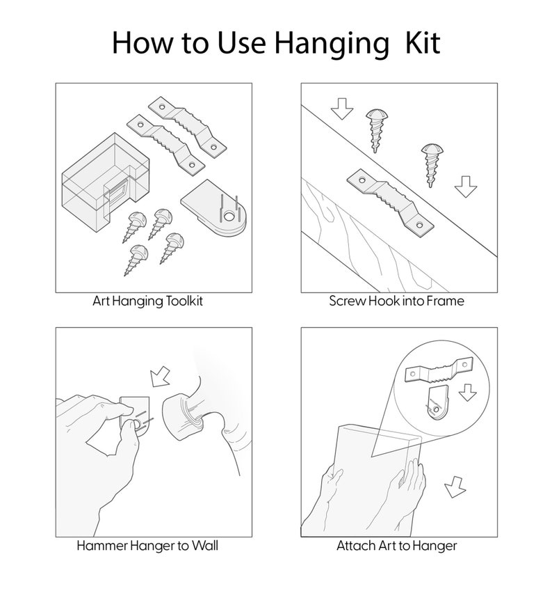 Puede incluir: Una ilustraci&oacute;n de cuatro pasos que muestra c&oacute;mo usar un kit de colgar para colgar obras de arte en una pared. Los pasos incluyen: 1) Kit de colgar arte, 2) Atornillar el gancho en el marco, 3) Martillo de colgar en la pared, y 4) Fijar el arte al colgador.