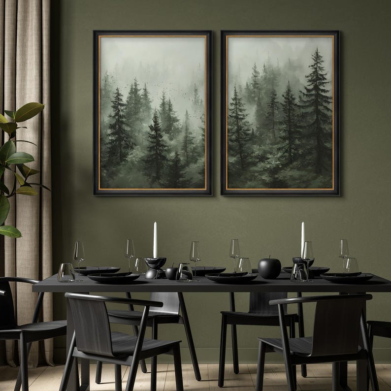 Framed Foggy Forest Landscape Wall Art Set of 2, Misty Pine Trees ...