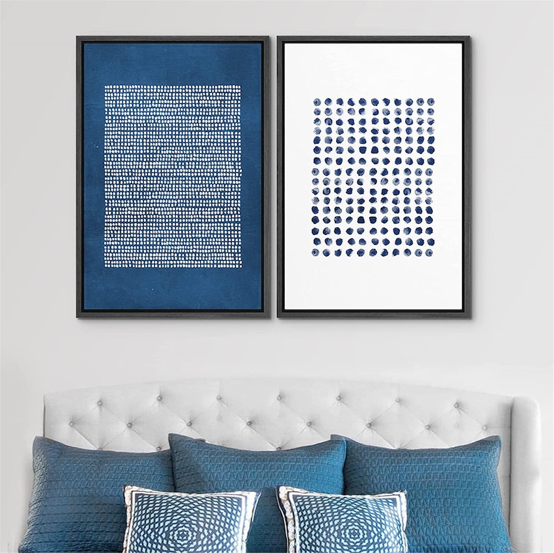 Dustinway Framed Canvas Print Wall Art Set of 2 Navy Blue White ...