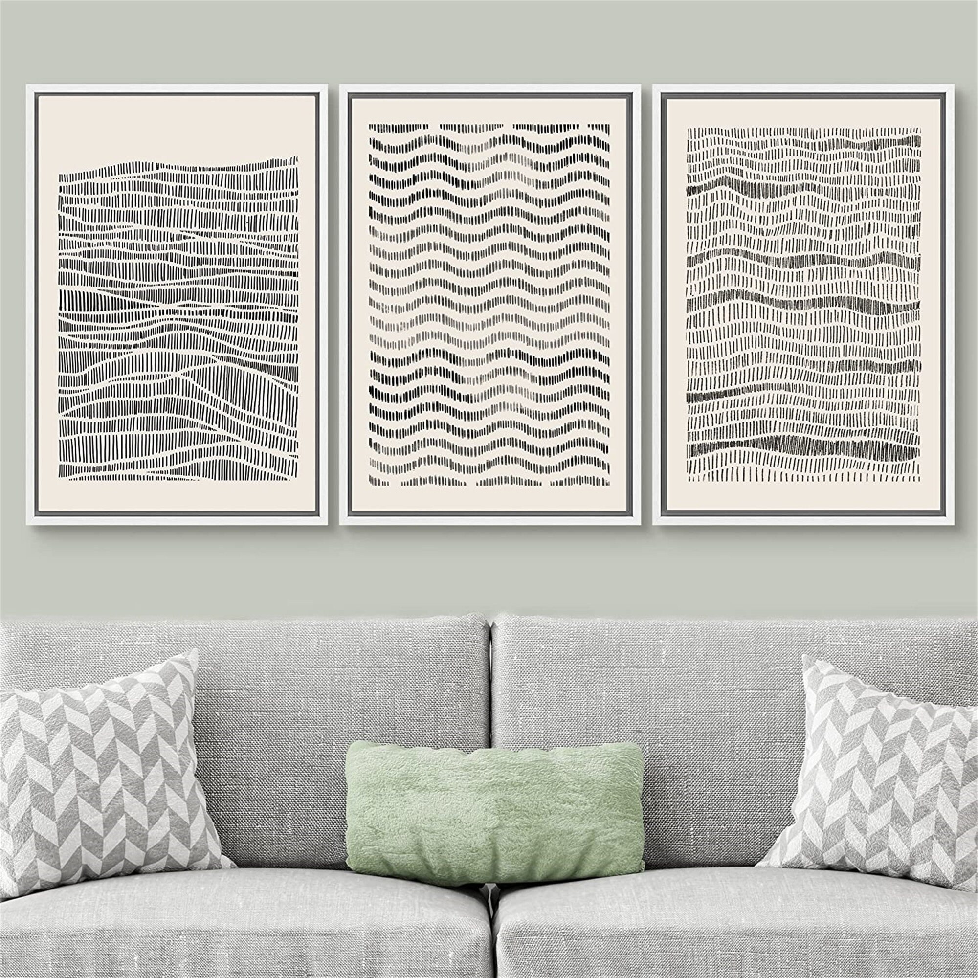 Dustinway Framed Canvas Print Wall Art Set Black Geometric Wave Pattern ...