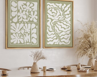 DustinWay Framed Canvas Print Wall Art Set Sage Green Abstract Floral Botanical Illustrations Modern Art Minimalist Boho Decor
