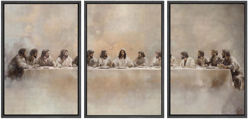 May include: A triptych artwork depicting the Last Supper. The painting features a table with figures in robes, set against a soft, neutral background. The artwork is framed in black.