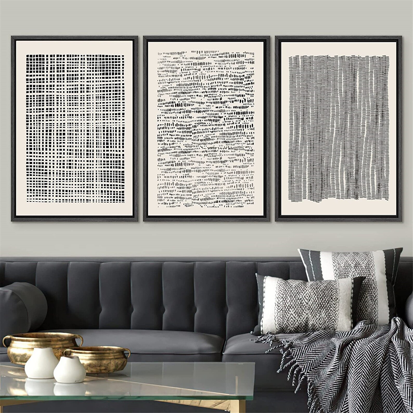 Dustinway Framed Canvas Print Wall Art Set Geometric Black Grid Wave ...