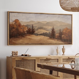 Large Wall Art Framed Canvas Vintage Autumn Mountain Landscape Print Rustic Forest Painting Warm Earth Tone Artwork Nature Cozy Home Decor
