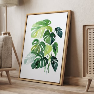 DustinWay Framed Canvas Print Wall Art Sage Green Tropical Monstera Leaf Illustrations Modern Art Minimalist Decor