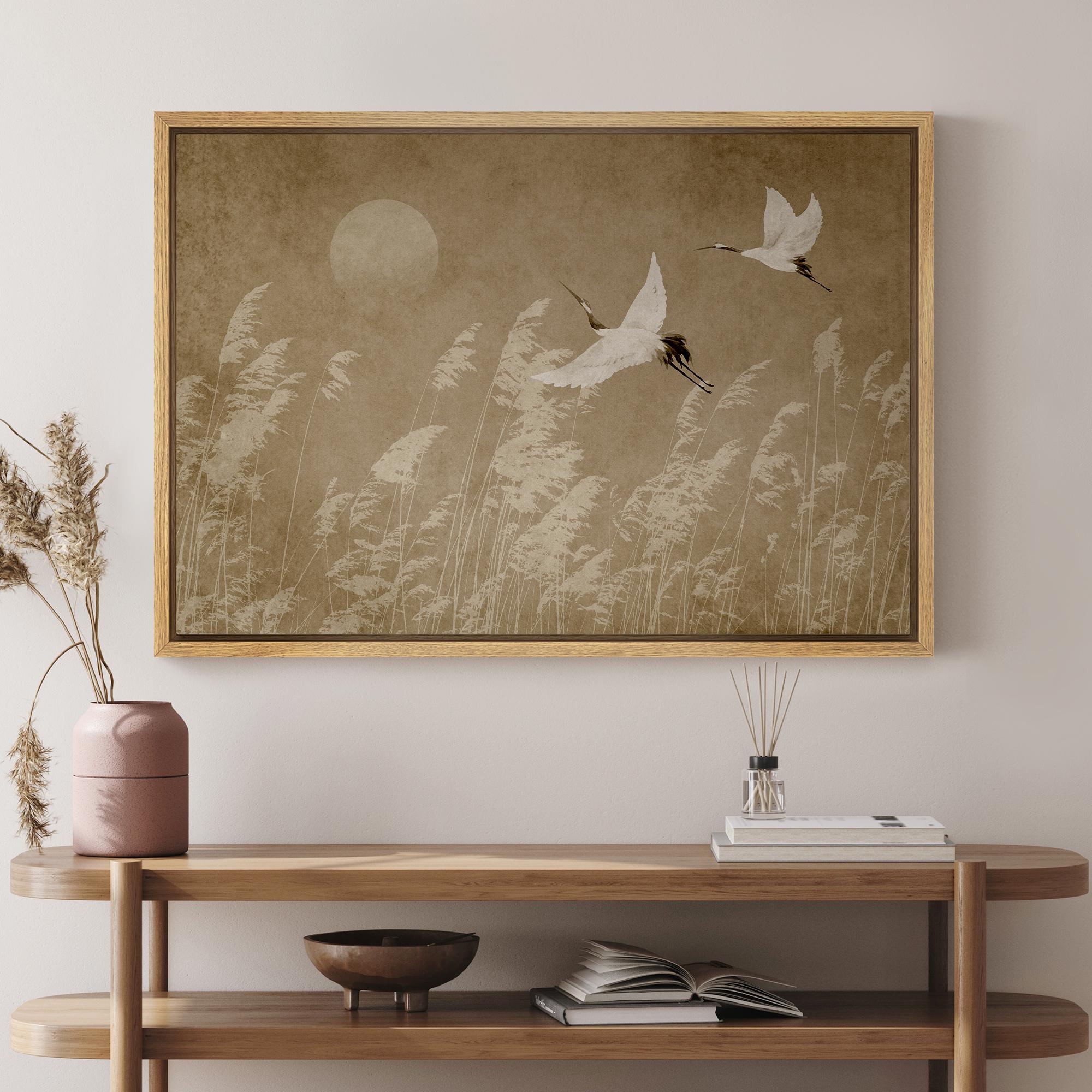 Flying Cranes Wall Art - Framed Asian Landscape Canvas Print