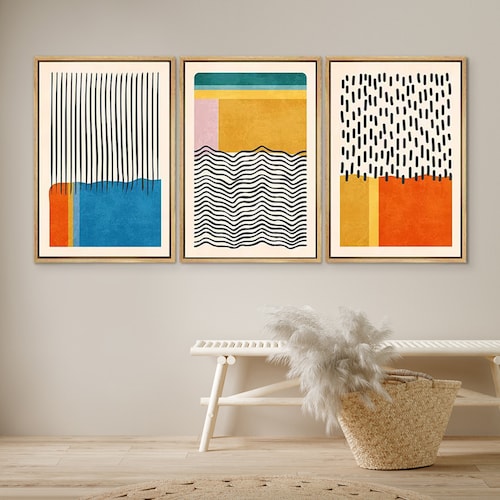 Abstract Geometric Framed Wall Art Set of 3, Mid Century Modern Canvas Print, Color Block Minimalist Decor for Living Room