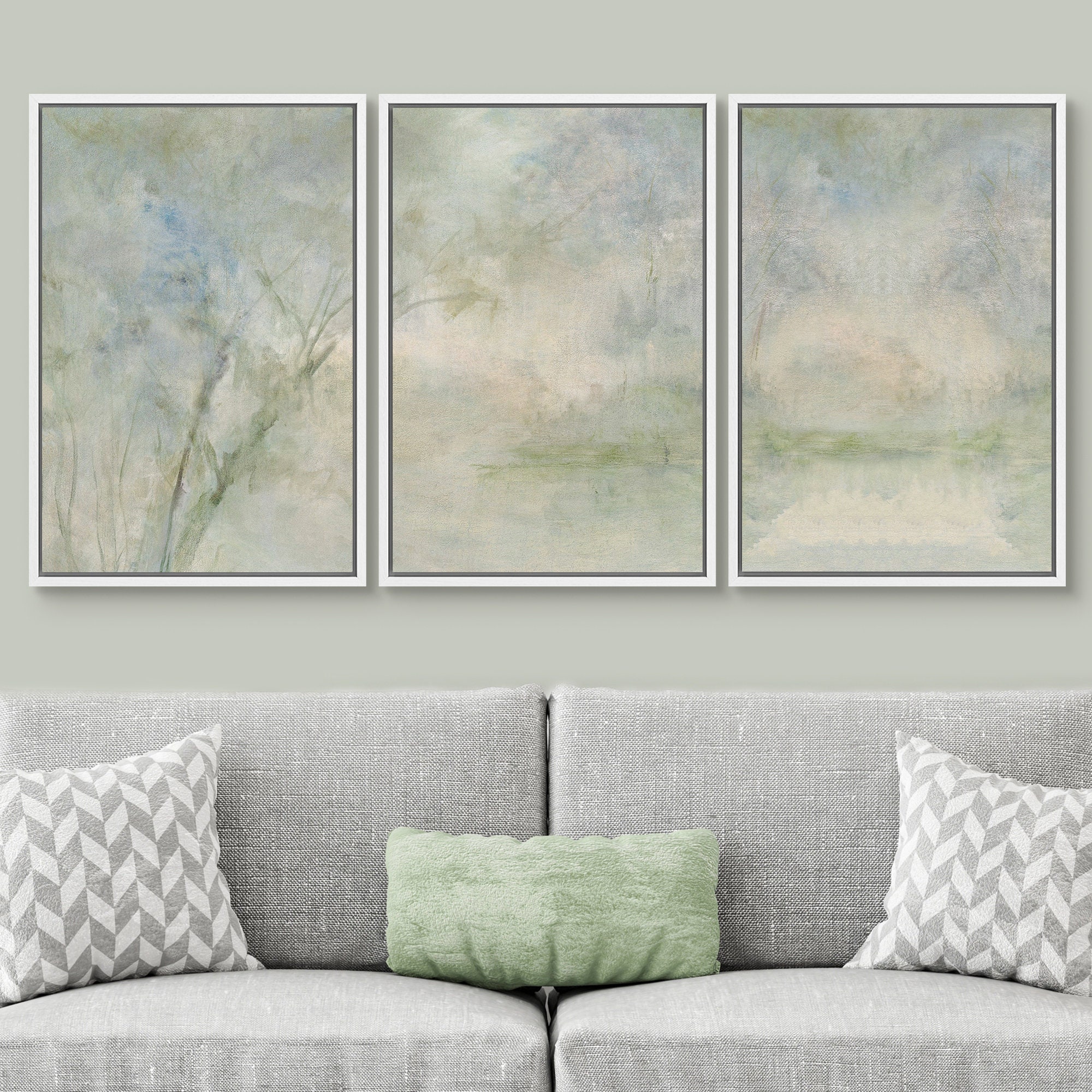 Framed Canvas Wall Art Set of 3 Sage Green Abstract Landscape Prints ...