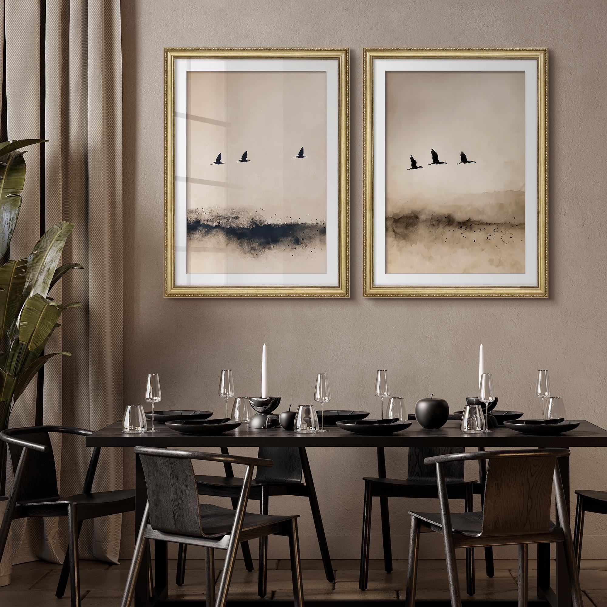 Framed Minimalist Flying Birds Wall Art Set of 2, Neutral Ink Landscape ...