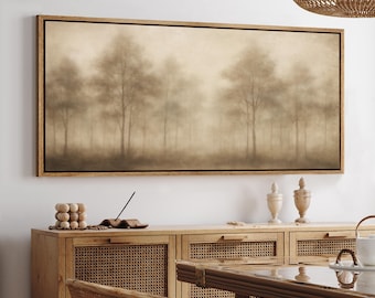 Misty Forest Landscape Wall Art, Large Framed Neutral Foggy Woodland Canvas Print, Minimalist Nature Artwork for Modern Living Room Decor