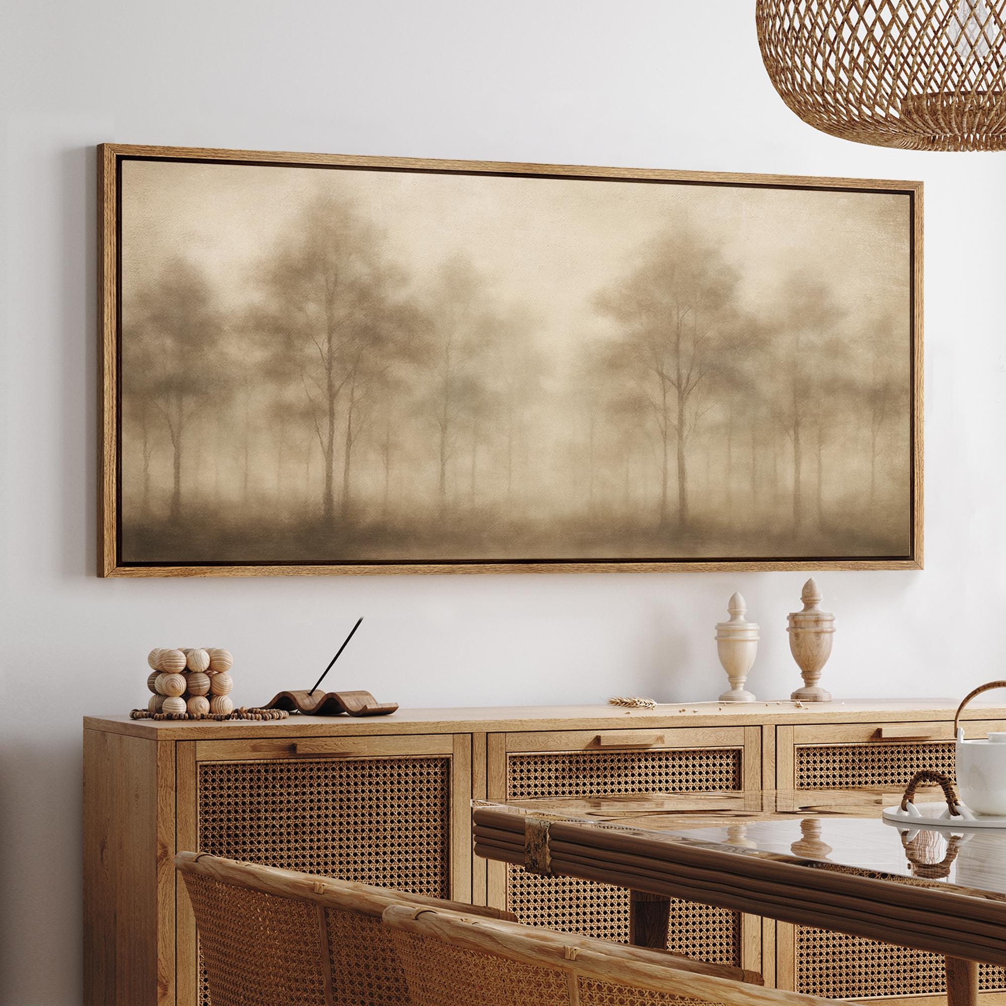 Misty Forest Landscape Wall Art, Large Framed Neutral Foggy Woodland ...