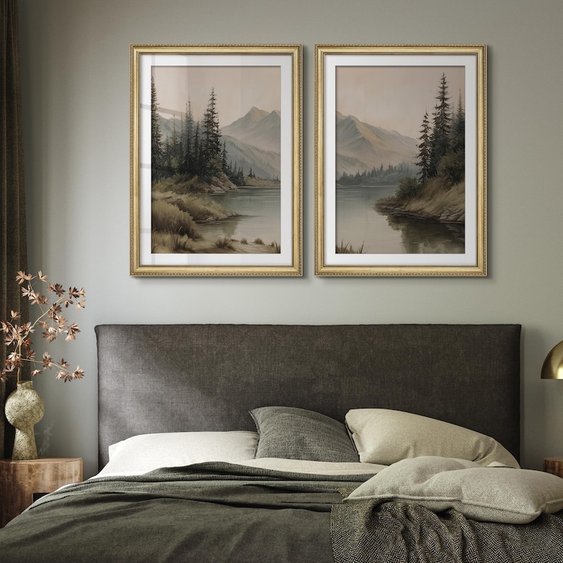 Framed Lake Mountain Landscape Wall Art Set of 2, Pine Tree Forest ...