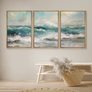 DustinWay Framed Canvas Print Wall Art Set of 3 Nautical Beach Ocean Wave Seascape Modern Art Coastal Room Decor