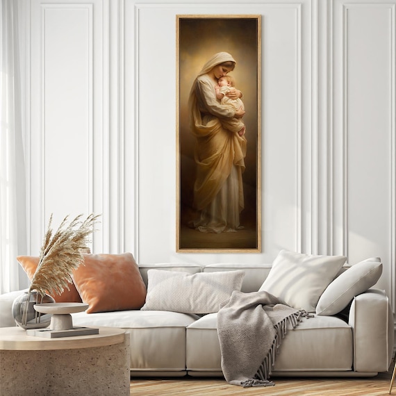 Large Framed Madonna & Child Wall Art, Virgin Mary Holding Baby