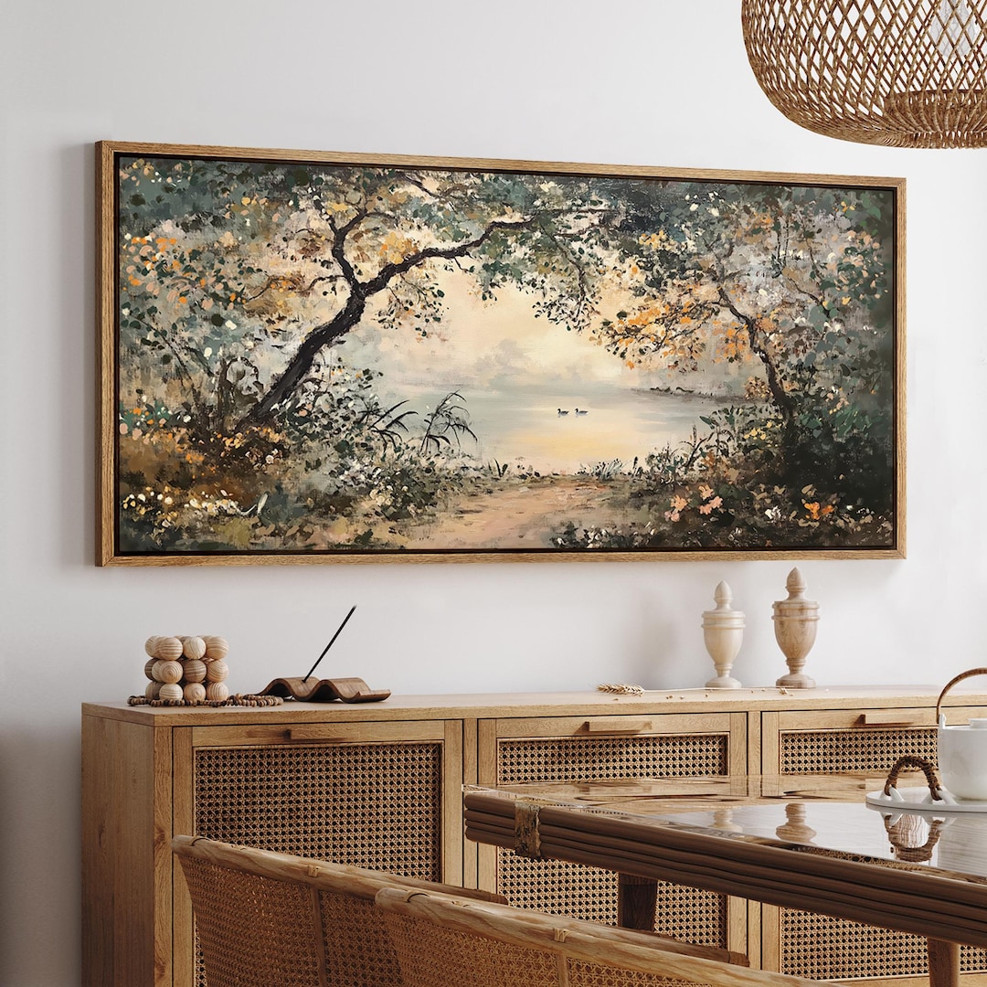 Large Wall Art Framed Canvas Vintage Abstract Lakeside Landscape