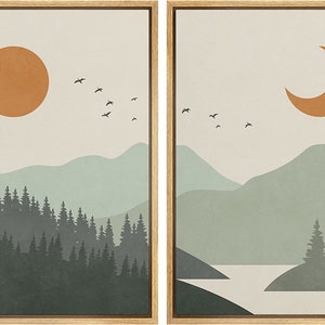 Dustinway Framed Canvas Print Wall Art Set of 2 Sun and Moon Over Green ...