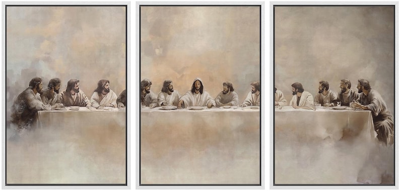 May include: A triptych canvas print showing the Last Supper. The artwork presents a sepia-toned painting of Jesus and his disciples at a table. The painting is framed with a white border, set against a soft, cloudy backdrop.