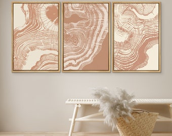 DustinWay Framed Canvas Print Wall Art Set of 3 Orange Wood Tree Rings Abstract Illustrations Minimalist Modern Art Boho Decor