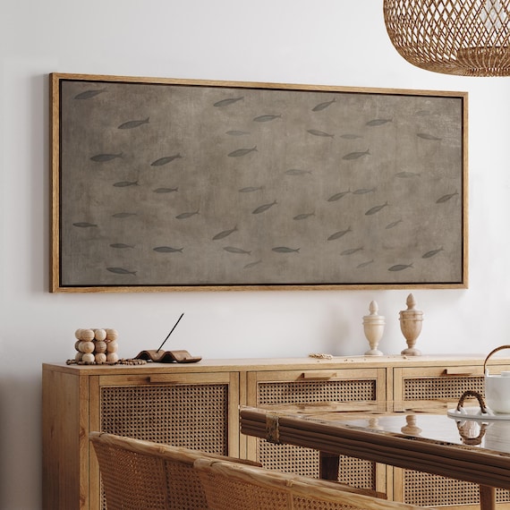 Abstract Fish Pattern Wall Art, Large Framed Neutral Gray Tones Minimalist Canvas Print, Modern Nature Decor for Living Room or Office