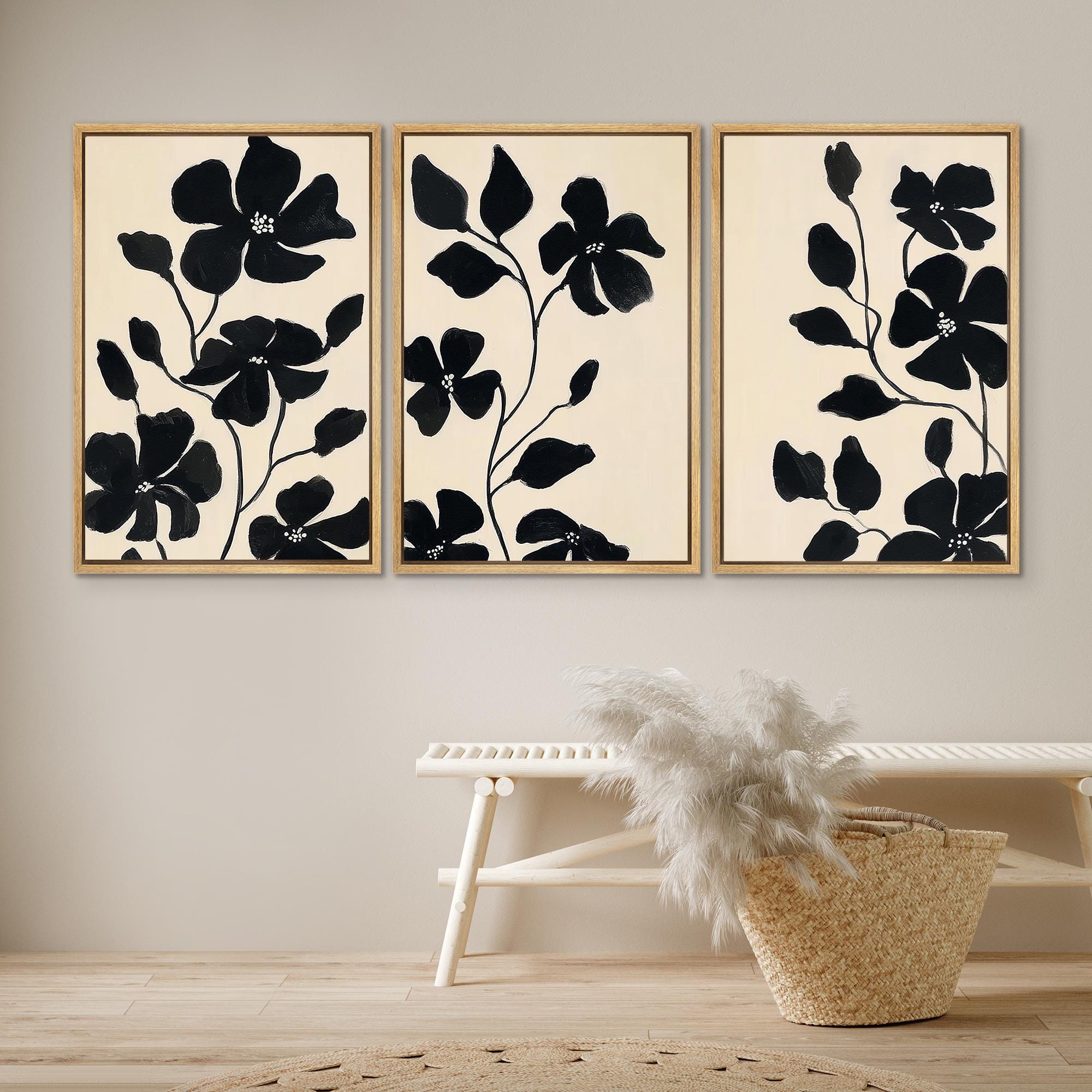 Large Framed Black Floral Wall Art Set of 3, Minimalist Botanical ...