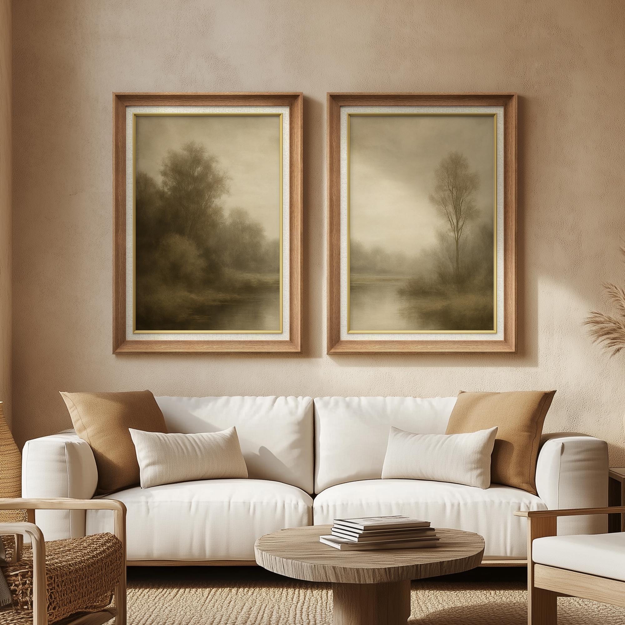 Framed Sepia Lake Landscape Wall Art Set of 2, Misty Forest Prints