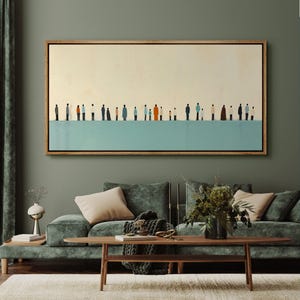 May include: A framed abstract painting with a light blue background and a row of small, colorful figures in a line. The figures are painted in various shades of blue, green, orange, and brown.