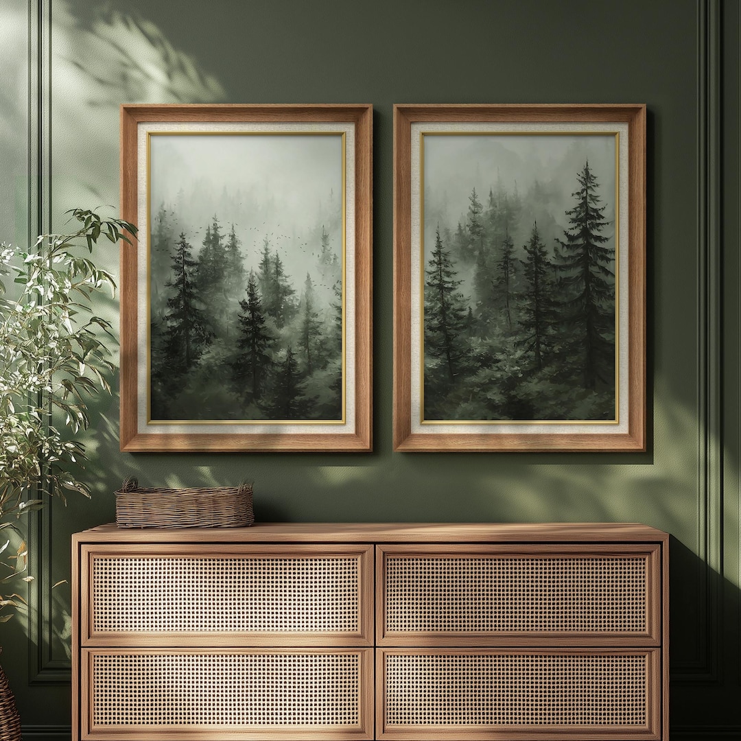 Framed Foggy Forest Landscape Wall Art Set of 2, Misty Pine Trees ...