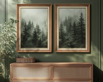 Framed Foggy Forest Landscape Wall Art Set of 2, Misty Pine Trees Prints, Rustic Woodland Artwork for Living Room Decor