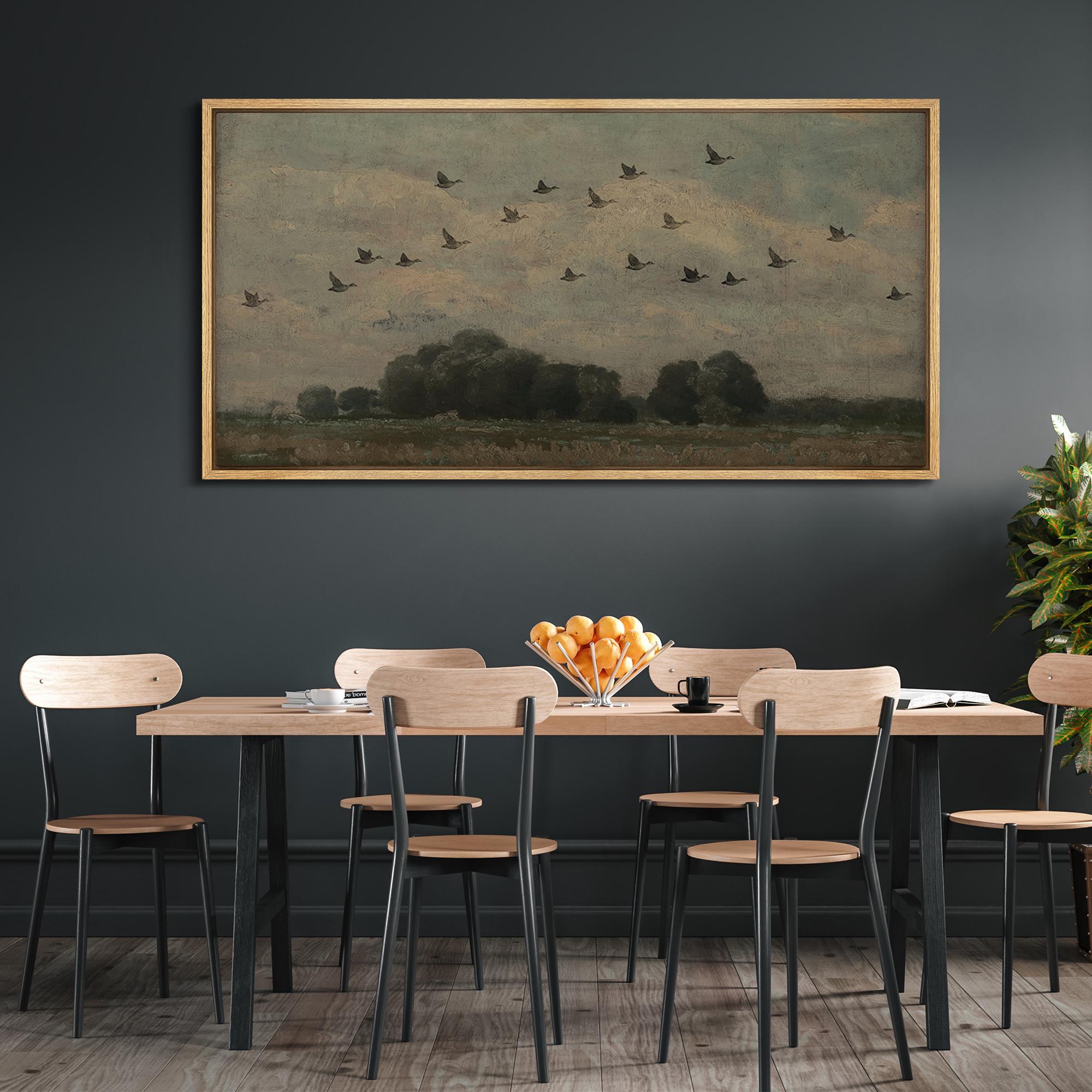 Vintage Birds in Flight Wall Art, Large Framed Flock Over Countryside