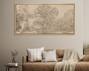 Framed Canvas Wall Art Oak Tree Sketch Forest Print Neutral Vintage Panoramic Large Wall Art Minimalist Modern Horizontal Prints