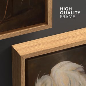 May include: Close-up of two framed artworks with light wood frames. The frames are angled, showcasing the natural wood grain. The text "HIGH QUALITY FRAME" is visible on the right side. The artwork appears to be a painting with a white subject.