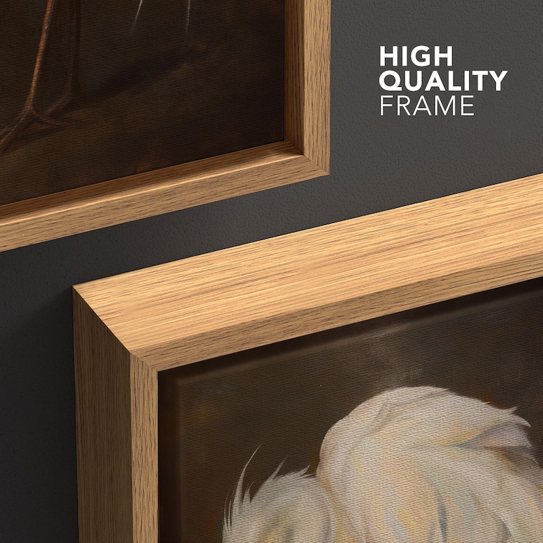 May include: Close-up of two framed artworks with light wood frames. The frames are angled, showcasing the natural wood grain. The text "HIGH QUALITY FRAME" is visible on the right side. The artwork appears to be a painting with a white subject.