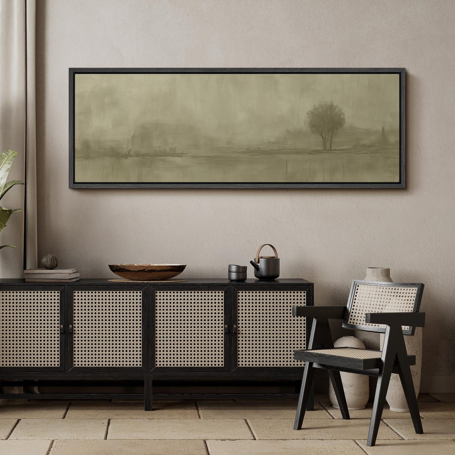 Minimalist Abstract Landscape Wall Art, Large Framed Neutral Foggy Tree ...