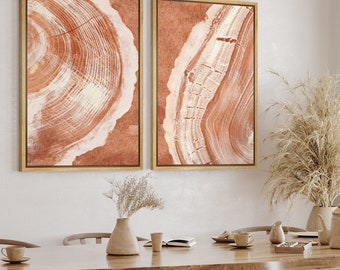 DustinWay Framed Canvas Print Wall Art Set of 2 Abstract Orange Wood Tree Ring Modern Art Minimalist Boho Decor
