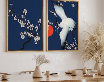 DustinWay Framed Canvas Print Wall Art Set of 2 Cherry Blossoms Crane Ukiyo-e Style Japanese Vintage Modern Art Minimalist Decor