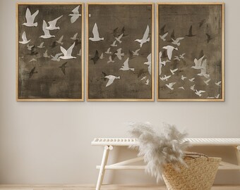 Framed Canvas Wall Art Set of 3 Abstract Beige White Birds Art Print Retro Rustic Vintage Minimalist Modern Wall Art Farmhouse Decor