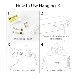 May include: Diagram illustrating how to use a hanging kit. The image shows the components of the kit, including screws, hooks, and wall hangers. Instructions include screwing hooks into a frame, hammering a hanger to the wall, and attaching art.