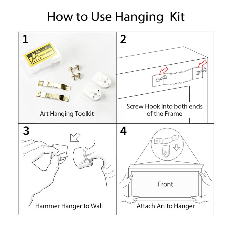 May include: Diagram illustrating how to use a hanging kit. The image shows the components of the kit, including screws, hooks, and wall hangers. Instructions include screwing hooks into a frame, hammering a hanger to the wall, and attaching art.