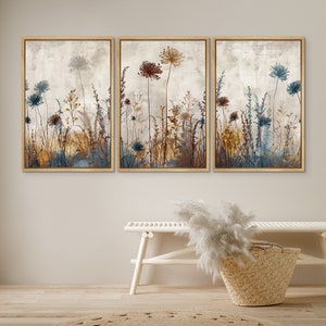 Framed Canvas Wall Art Set of 3 Wildflower Flower Landscape Oil Painting Print Gallery Art Minimalist Decor for Living Room