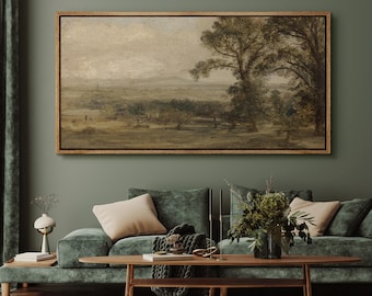 Vintage Landscape Wall Art - Large Framed Rustic Countryside Canvas Print, Antique Pastoral Art for Farmhouse Living Room or Bedroom Decor