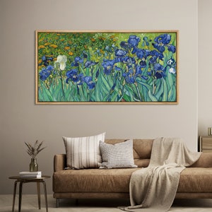 May include: A painting of a field of blue irises with green leaves and a few white irises in the background.