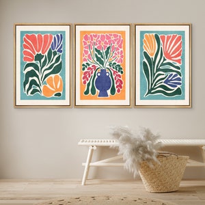 DustinWay Framed Canvas Print Wall Art Set of 3 Abstract Floral Botanical Illustrations Modern Art Minimalist Boho Decor