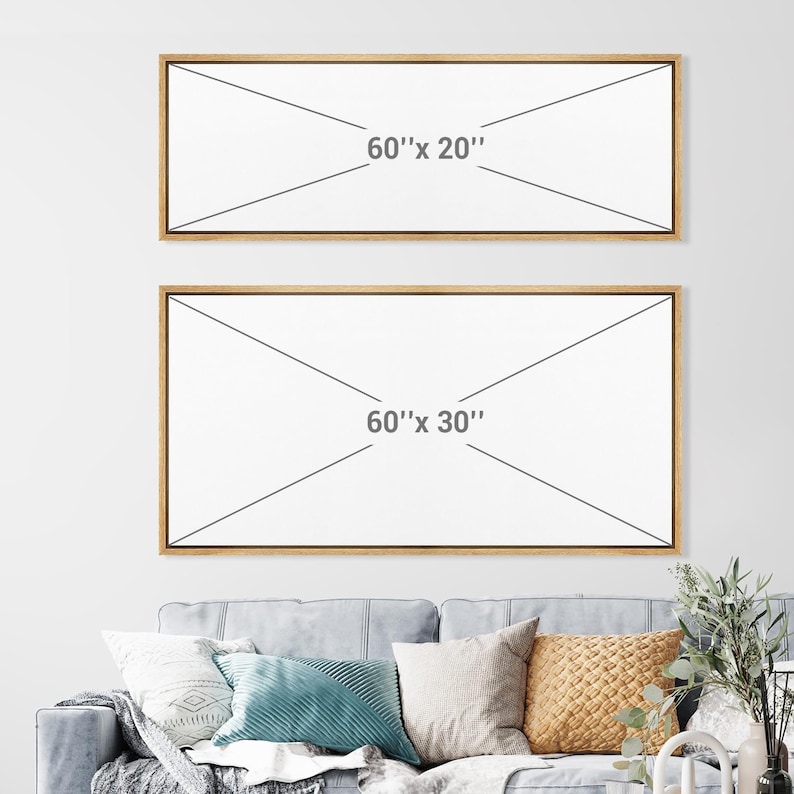 May include: Two framed canvases with white backgrounds and black lines. The top canvas is 60 inches by 20 inches. The bottom canvas is 60 inches by 30 inches.